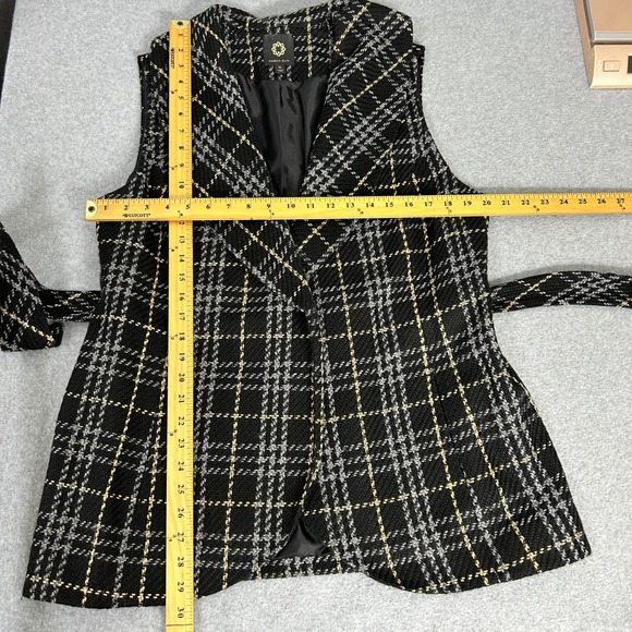 Amber Sun Belted Vest Black Gray Plaid Tweed Sleeveless Tie Waist Blazer Size XL - Picture 2 of 14